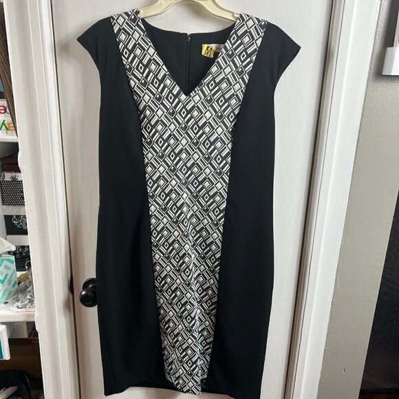 Calvin Klein black and geometric print color locked a-line dress.  Size 12 - Picture 1 of 6